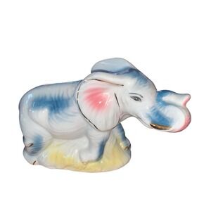 VINTAGE Glazed Ceramic Elephant Figurine Trunk Up 1950s 50s Good Luck RETRO